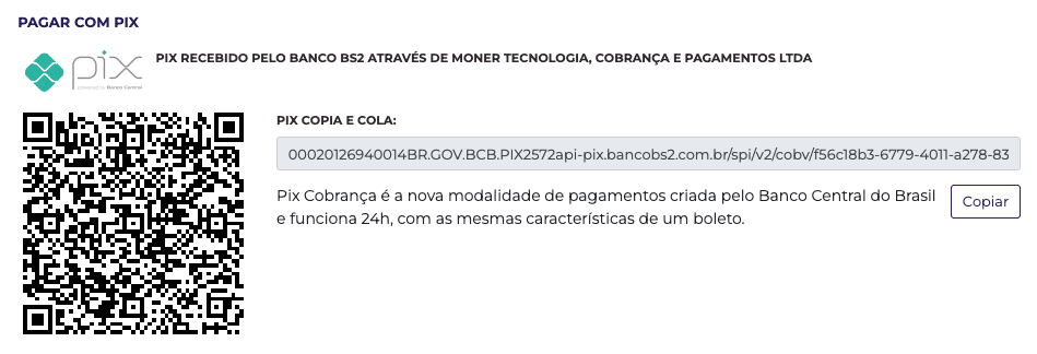 Pix Cobrança na Moner exibindo um QR Code e campo para copiar código de pagamento